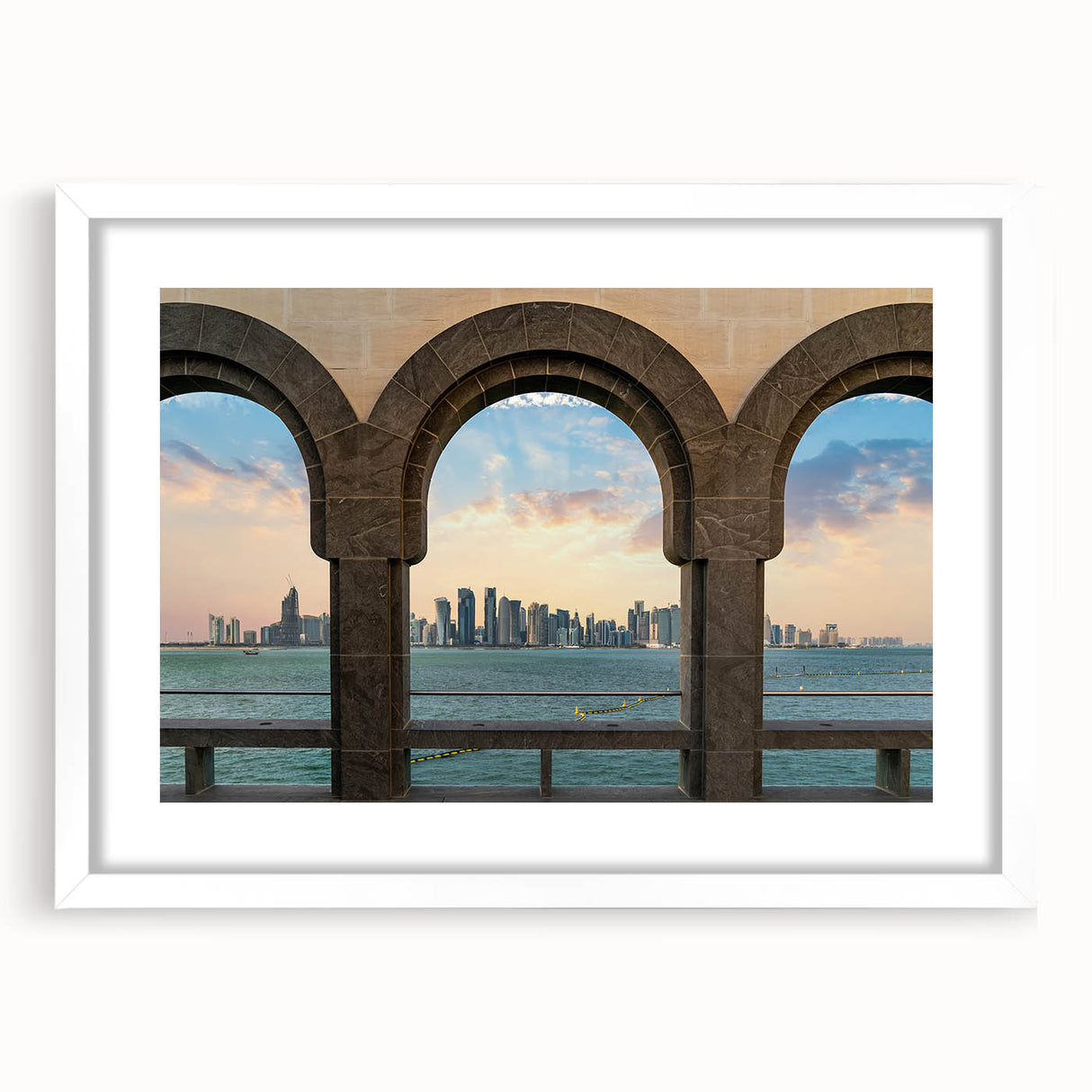Abstract art print of a Qatar scenery in muted earth tones on a white framed mat, suitable for bedroom or dining room decor.
