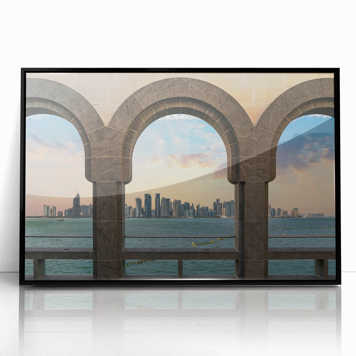 Large abstract wall art depicting a Middle Eastern Qatar scenery in black and white tones on a framed acrylic.
