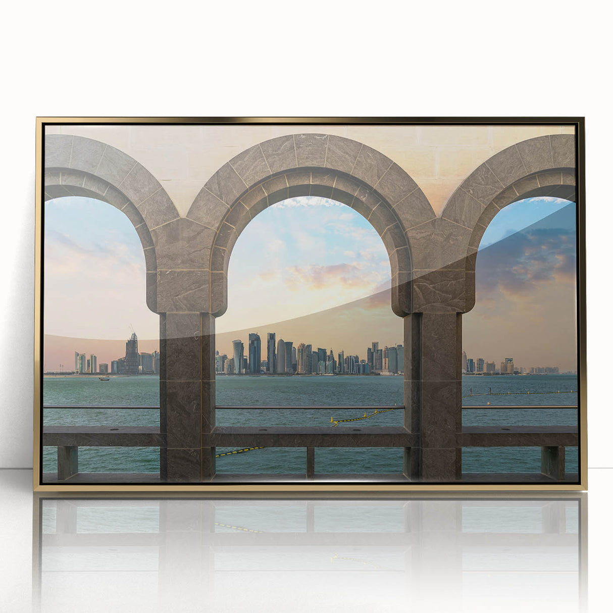 Framed acrylic print of a Qatar scenery in gold and blue tones, ideal for modern art wall decor.