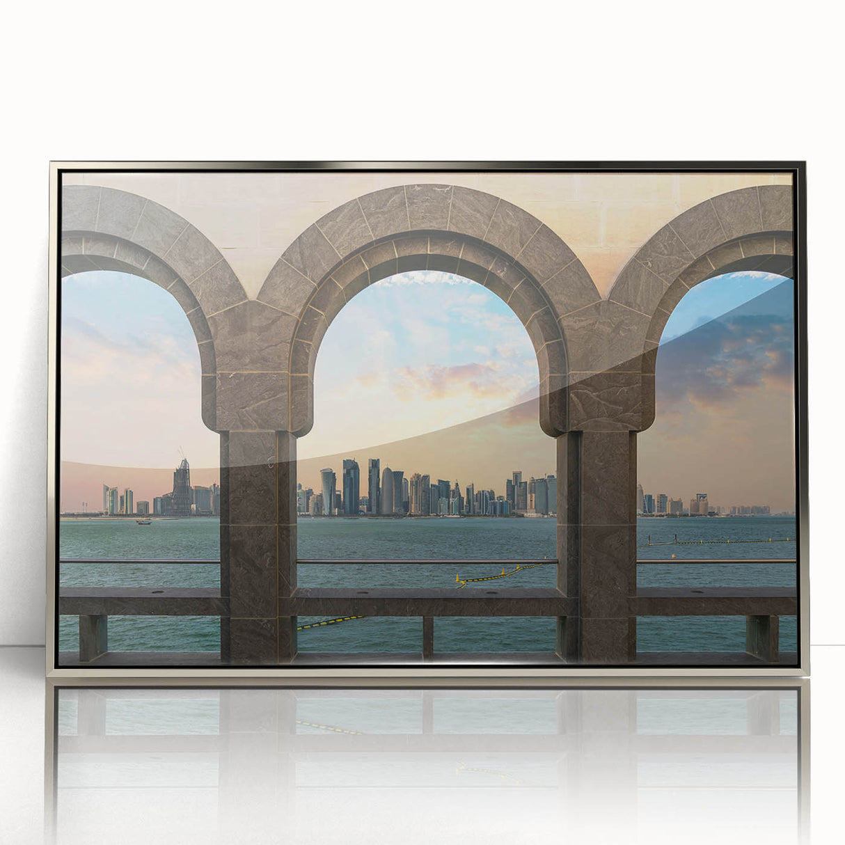 Mid-century modernist art depicting a Qatar scenery in muted earth tones on framed acrylic, ideal for modern art wall decor.