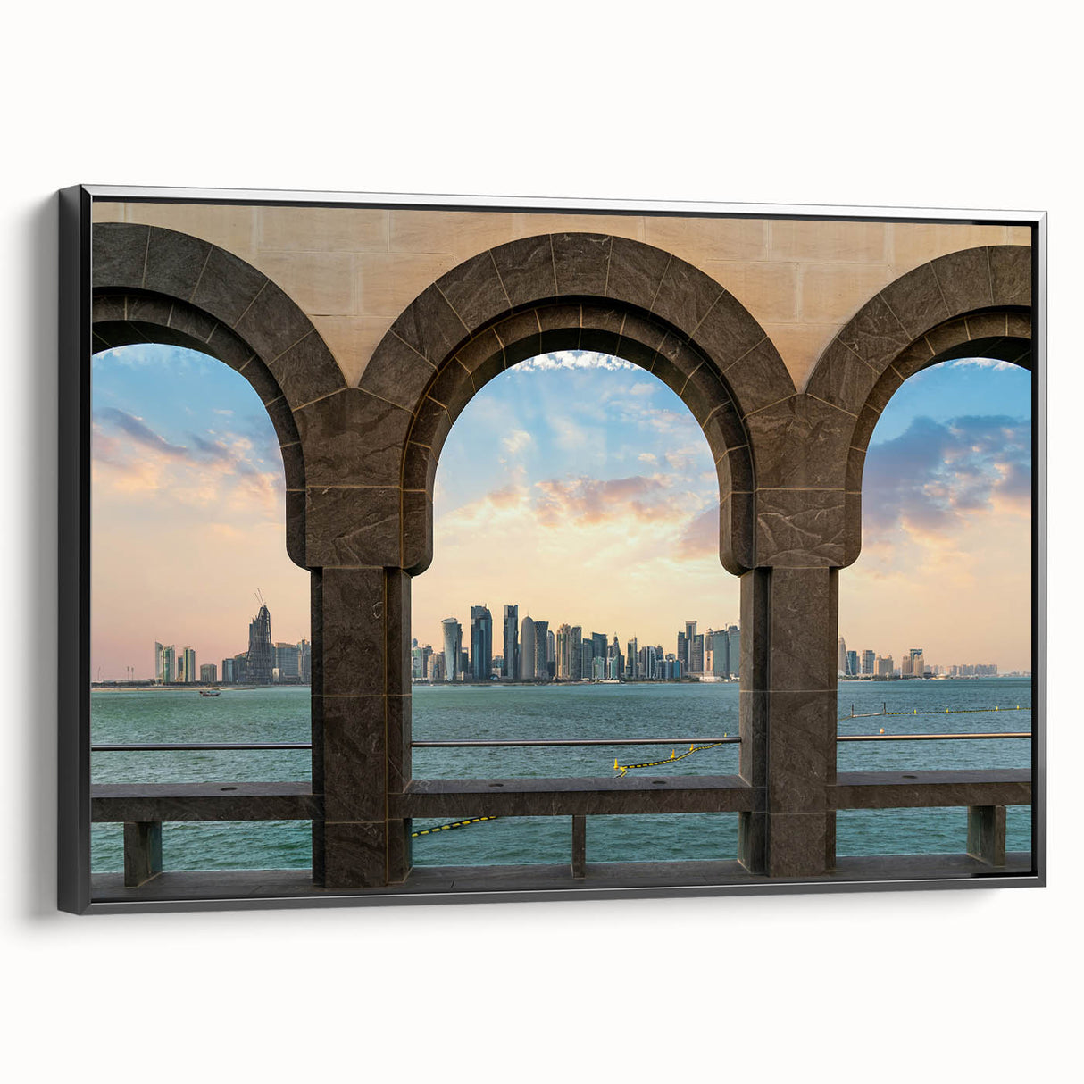 Black and white landscape art painting of a Middle Eastern scenery on framed canvas, suitable for bedroom decor.