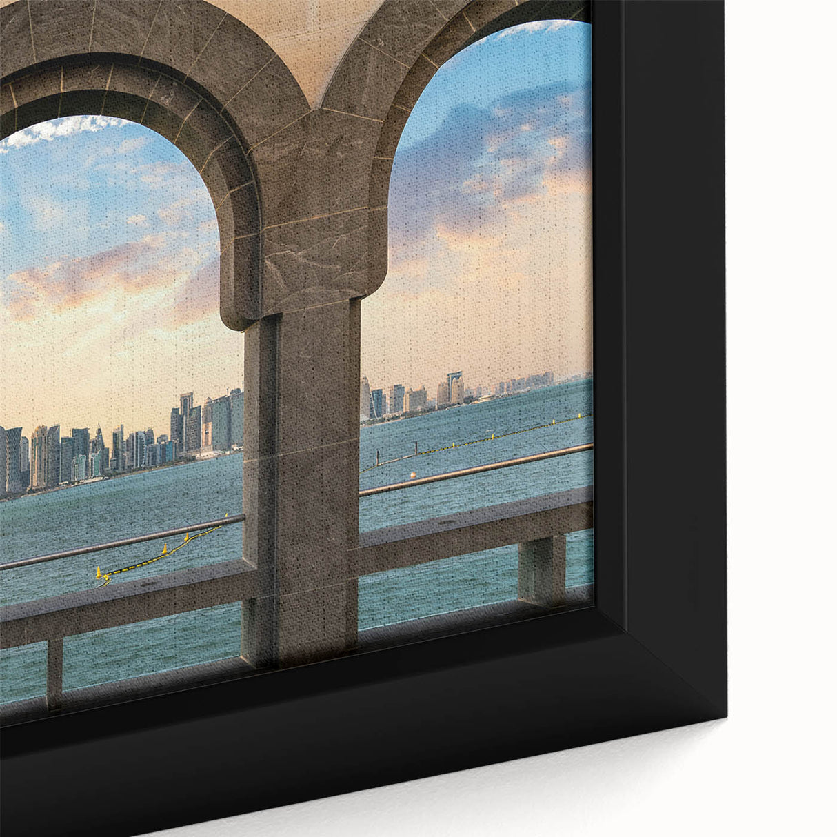 Extra large framed canvas of a textured black wall art depicting Qatar scenery, ideal for living room decor.