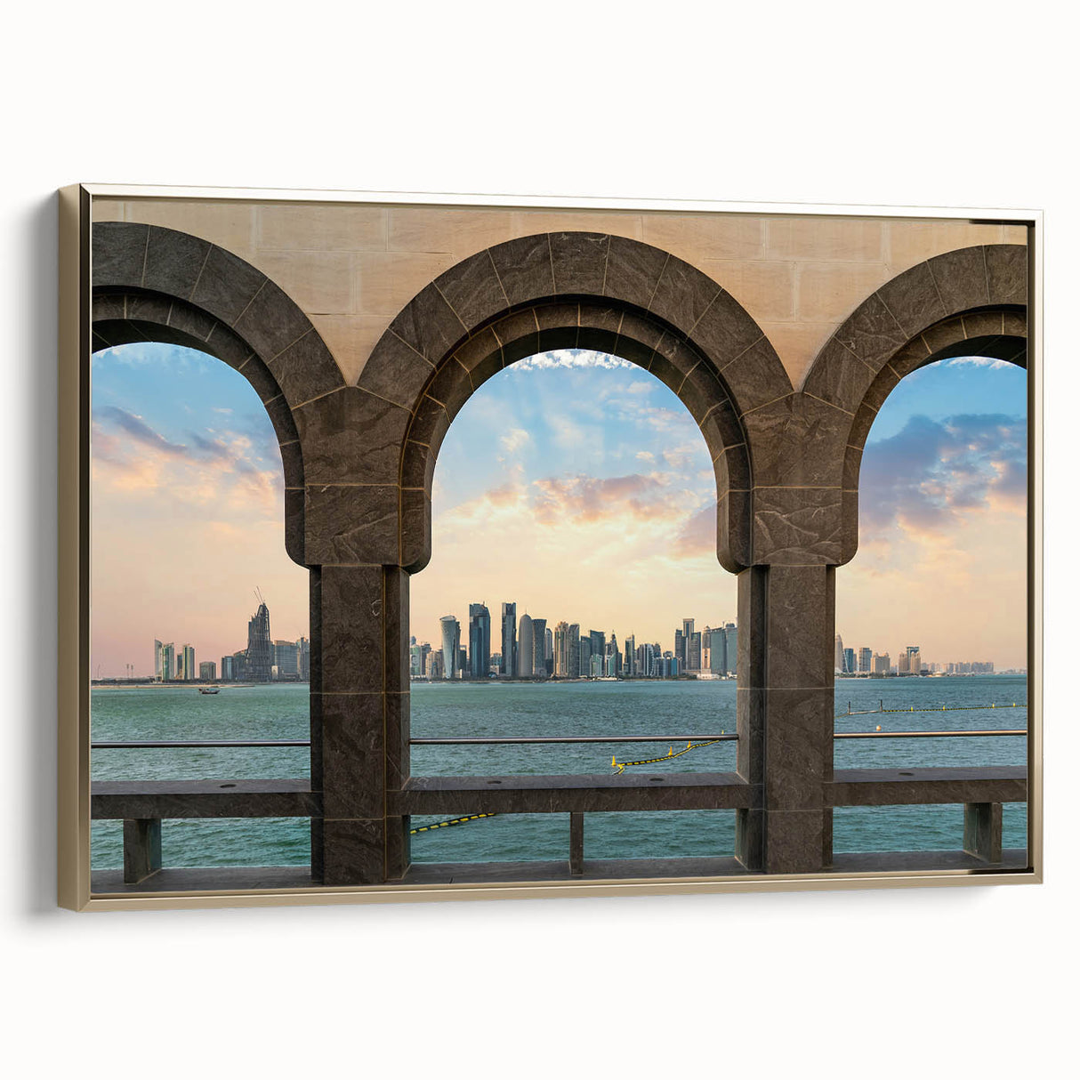 Framed canvas depicting a vintage-style landscape of Qatar in black and gold tones, ideal for bedroom wall decor.