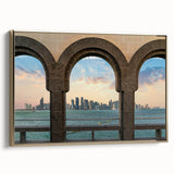 Framed canvas depicting a vintage-style landscape of Qatar in black and gold tones, ideal for bedroom wall decor.