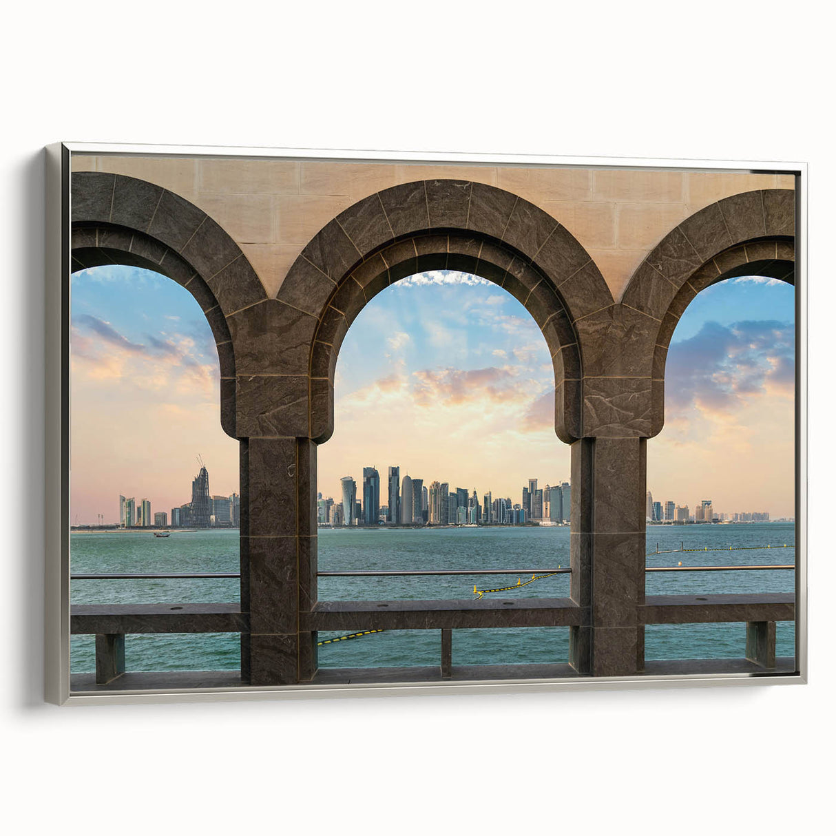 Framed canvas depicting a colorful vintage-style landscape of Qatar, ideal for adding a cultural touch to any living space.