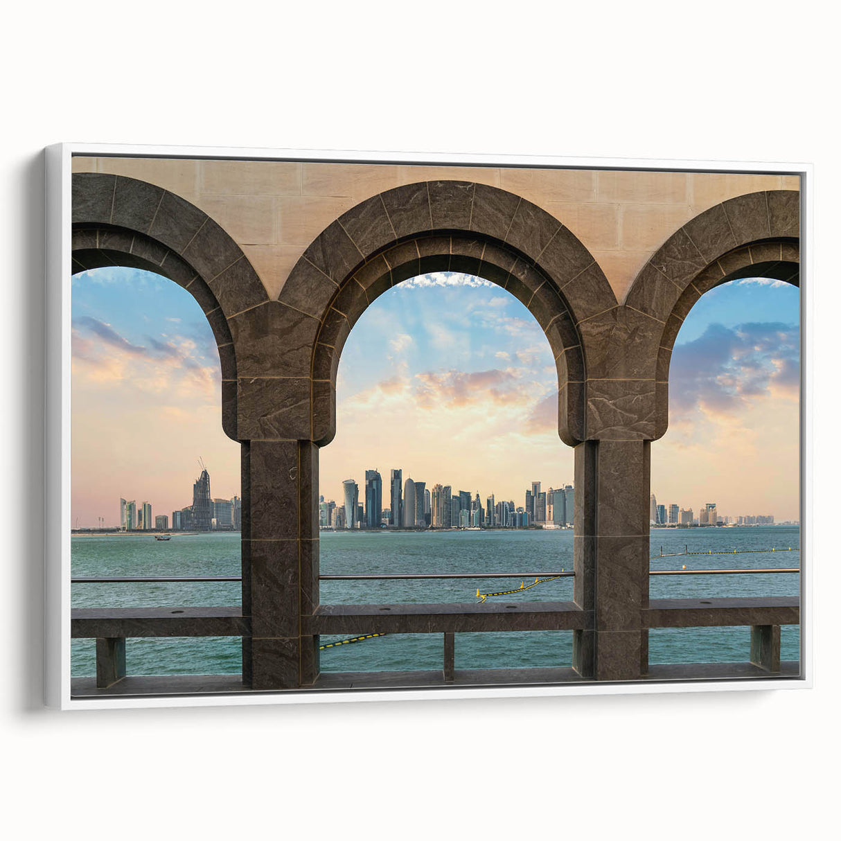 Vintage poster art of a Middle Eastern Qatar scenery on a framed canvas, with vibrant colors, ideal for living room decor.