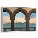 Vintage poster art of a Middle Eastern Qatar scenery on a framed canvas, with vibrant colors, ideal for living room decor.