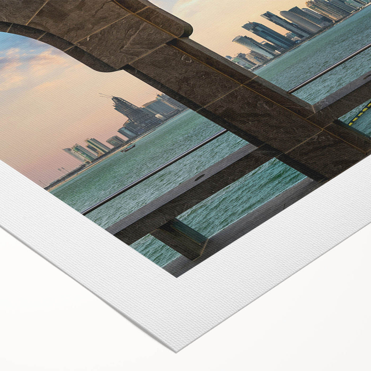Art deco poster of Qatar scenery in muted beige and brown tones on rolled canvas, suitable for dining room decor.