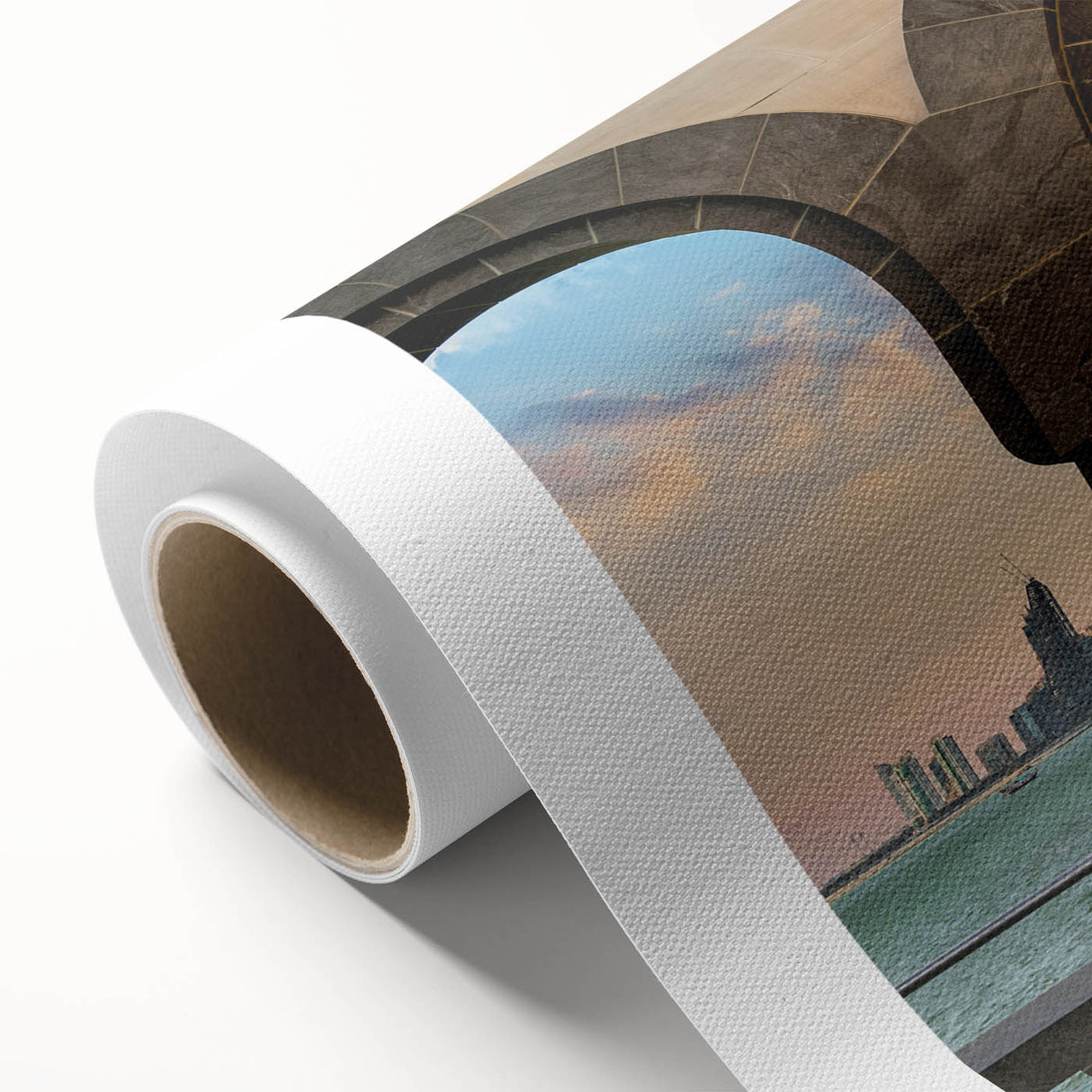 Art Deco style poster of Qatar scenery on rolled canvas, with muted earth tones, ideal for nursery wall art.