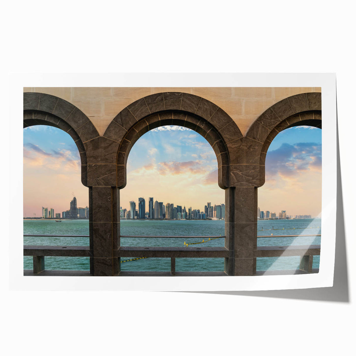 Rolled canvas print depicting Qatar scenery with earthy tones, ideal for art wall dining room decor.