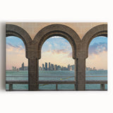 Black and white stretched canvas of a Middle Eastern cityscape, ideal for kitchen wall art.