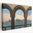 Panoramic view of Qatar skyline on large stretched canvas, featuring muted earth tones, ideal for kitchen wall art.