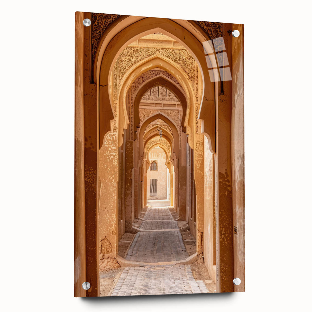 Acrylic print of a large abstract depiction of a Middle Eastern landscape in earthy tones.