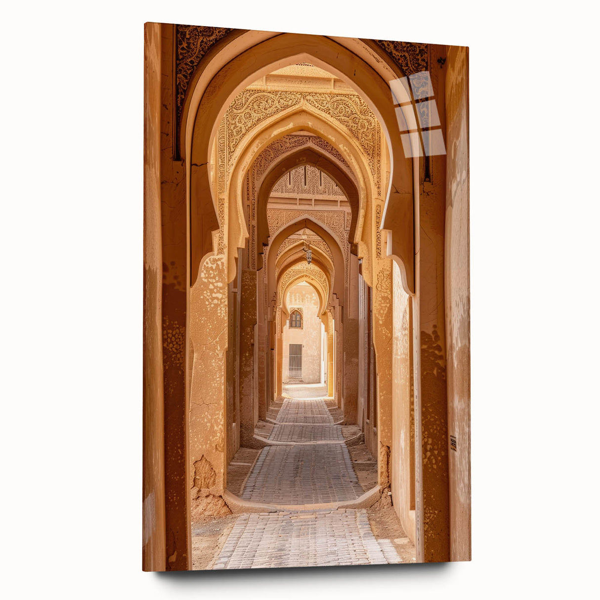 Large abstract wall art featuring a Middle Eastern desert scene in muted earth tones on acrylic glass.