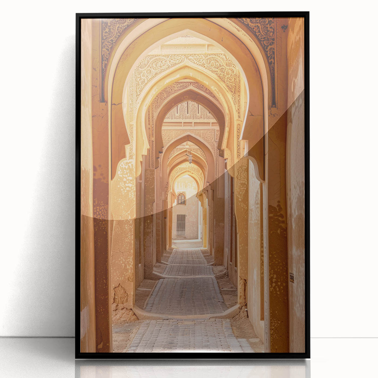 Large abstract wall art depicting a Middle Eastern scenery in black and white tones on framed acrylic.