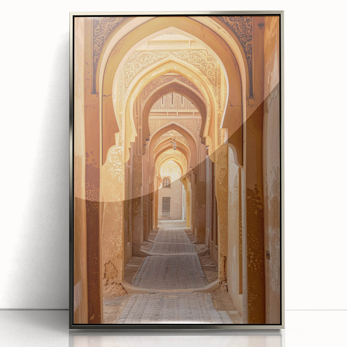 Mid-century modernist art of a Saudi Arabian landscape in muted earth tones, framed acrylic, ideal for nursery wall art.