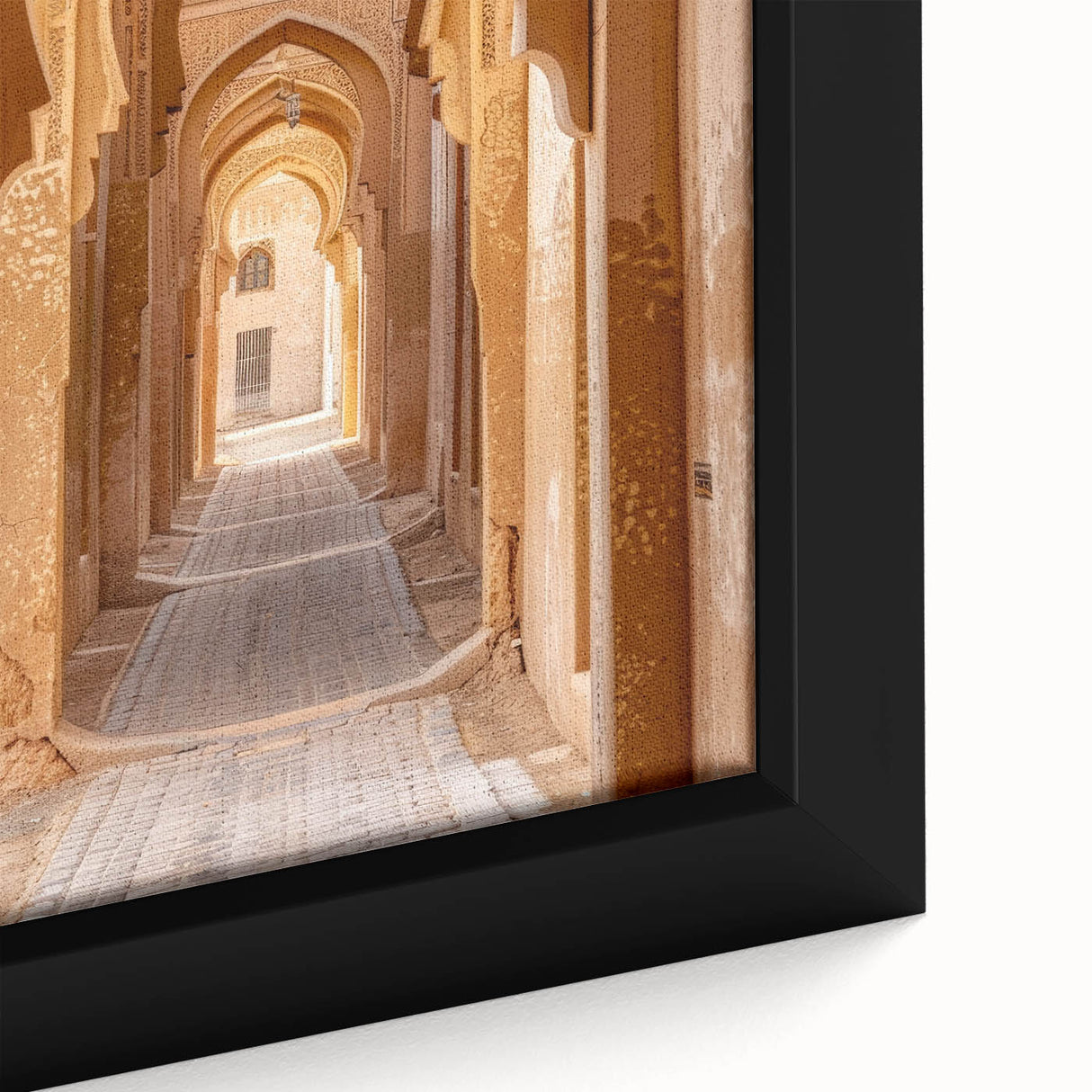 Extra large black wall art featuring a textured, colorful Middle Eastern scenery on a framed canvas.