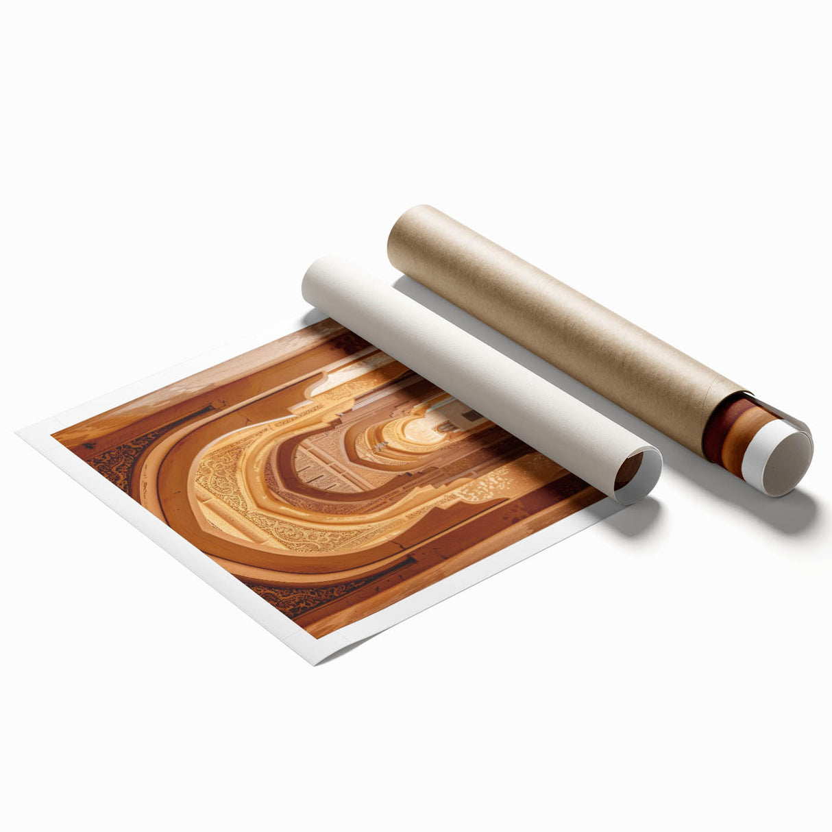 Extra large rolled print of a Middle Eastern scenery with floral motifs in muted earth tones.