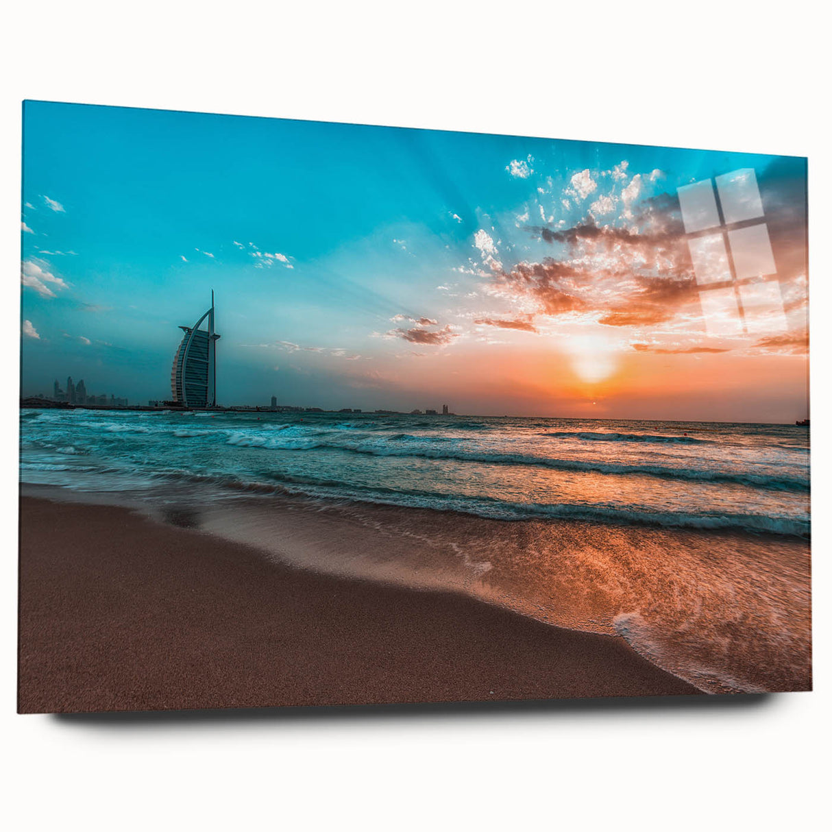 Large abstract wall art of Abu Dhabi skyline in muted blue and beige tones on acrylic glass.