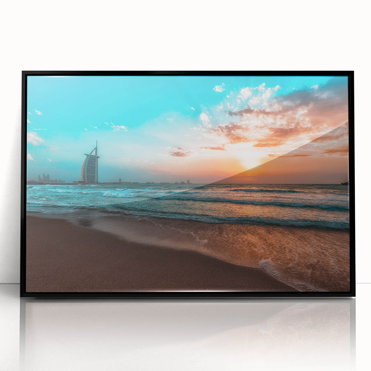 Large abstract wall art depicting the Abu Dhabi skyline in muted gray and blue tones, framed in black acrylic.