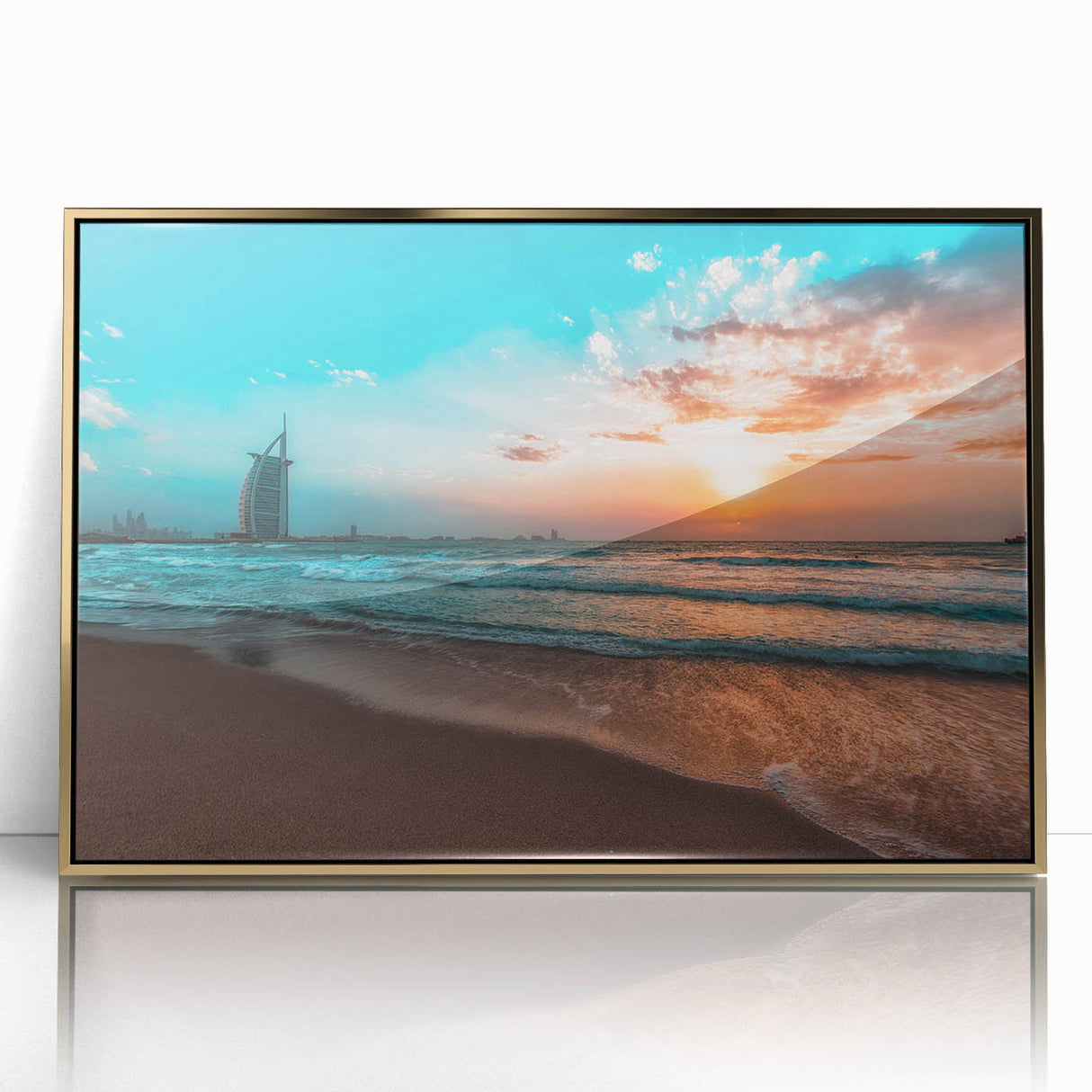 Large art print of Abu Dhabi skyline in gold tones on a framed acrylic, ideal for modern art wall decor.