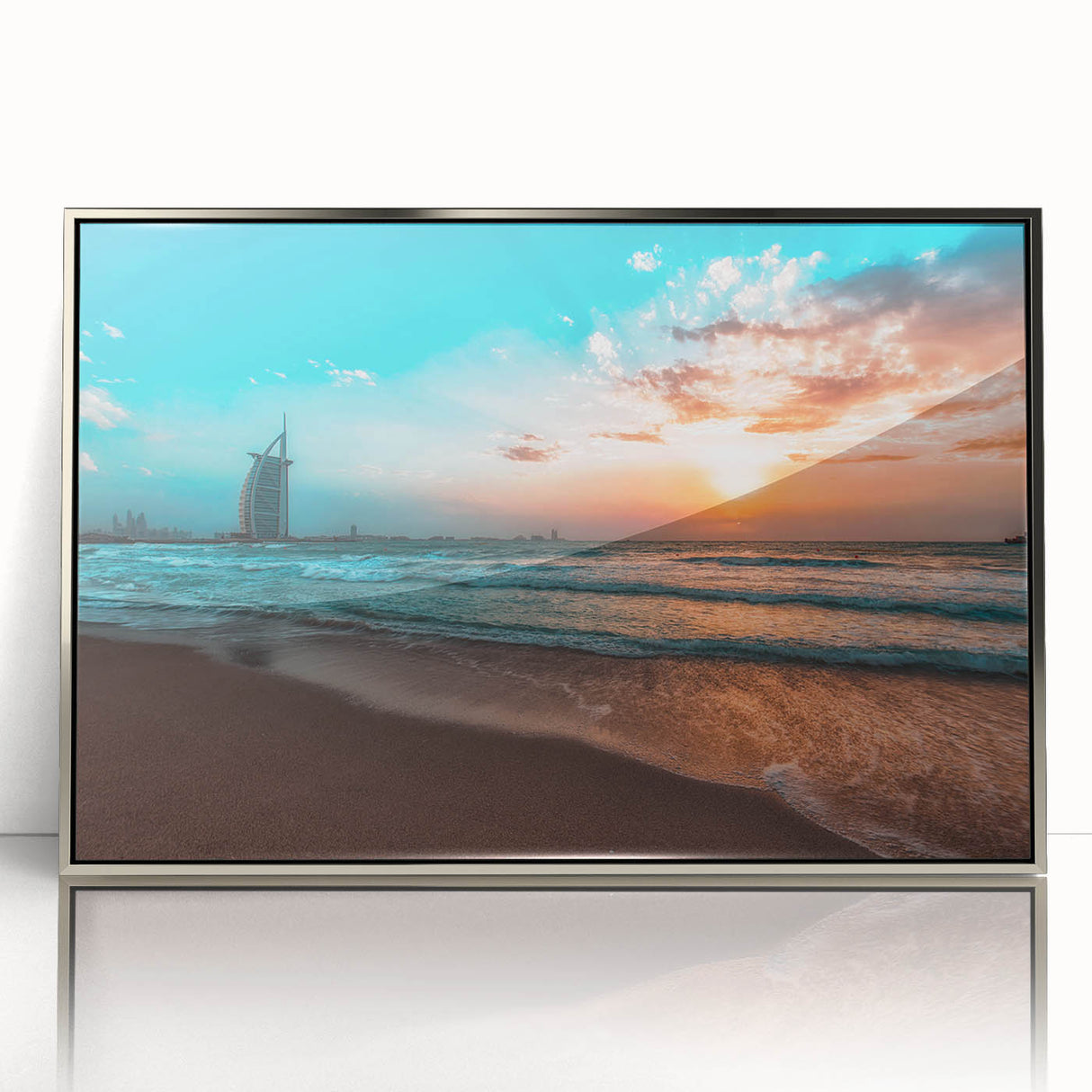 Mid-century modernist art of Abu Dhabi skyline in silver framed acrylic, ideal for modern art wall decor.