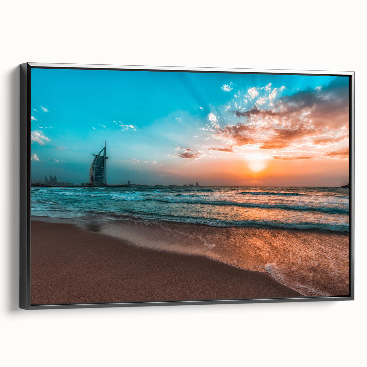 Black and white framed canvas of Abu Dhabi skyline, ideal for bedroom wall decor with a vintage poster art style.
