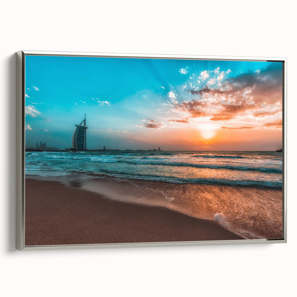 Framed canvas of a colorful Abu Dhabi landscape painting, ideal for adding a vintage touch to living room decor.