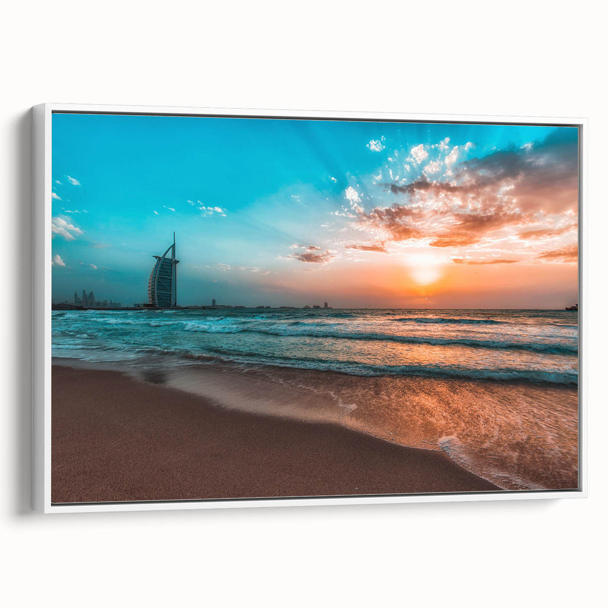 Vintage poster art of Abu Dhabi scenery in vibrant colors on framed canvas, ideal for living room decor.