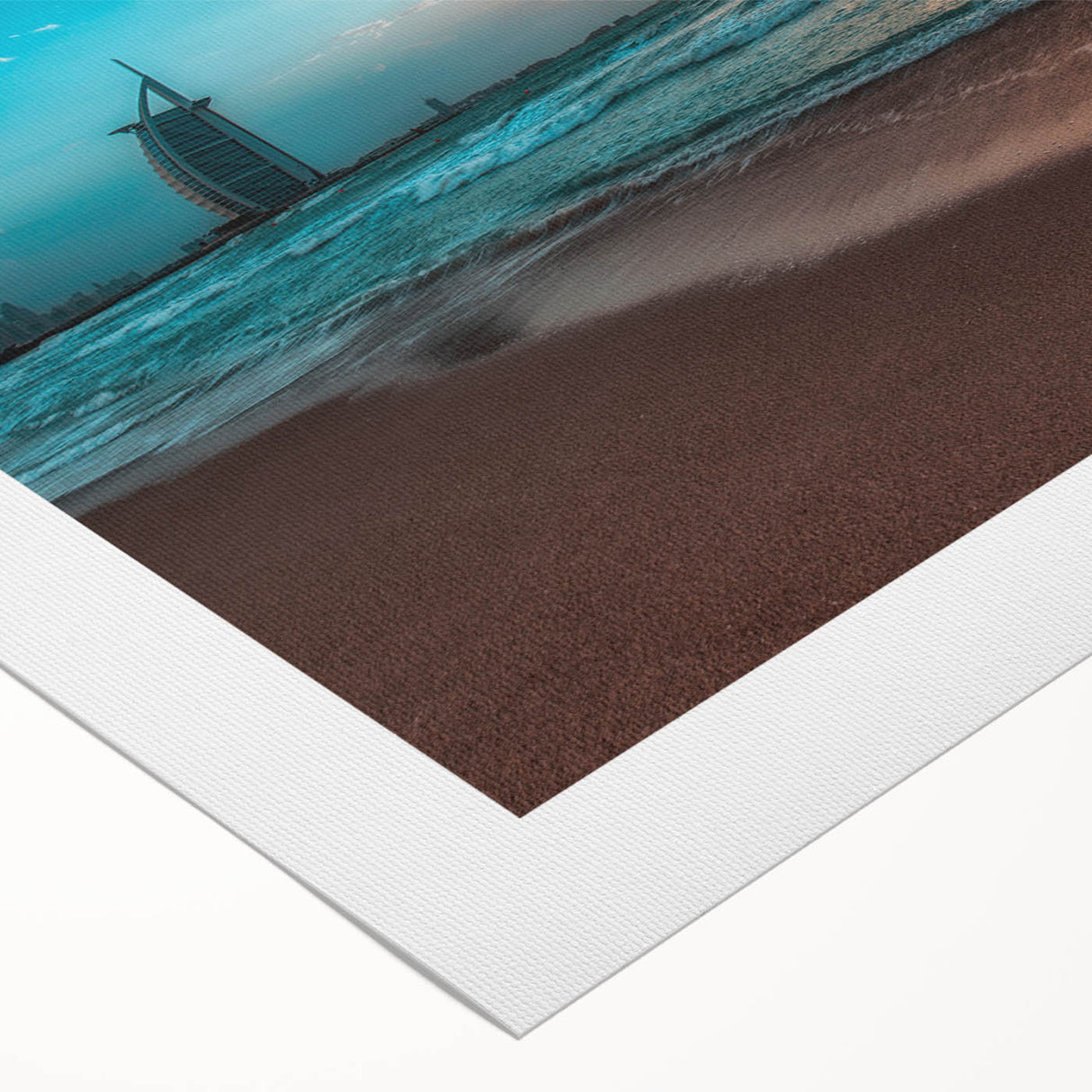 Art deco poster of Abu Dhabi skyline in muted gold and blue tones on rolled canvas, suitable for dining room wall art.