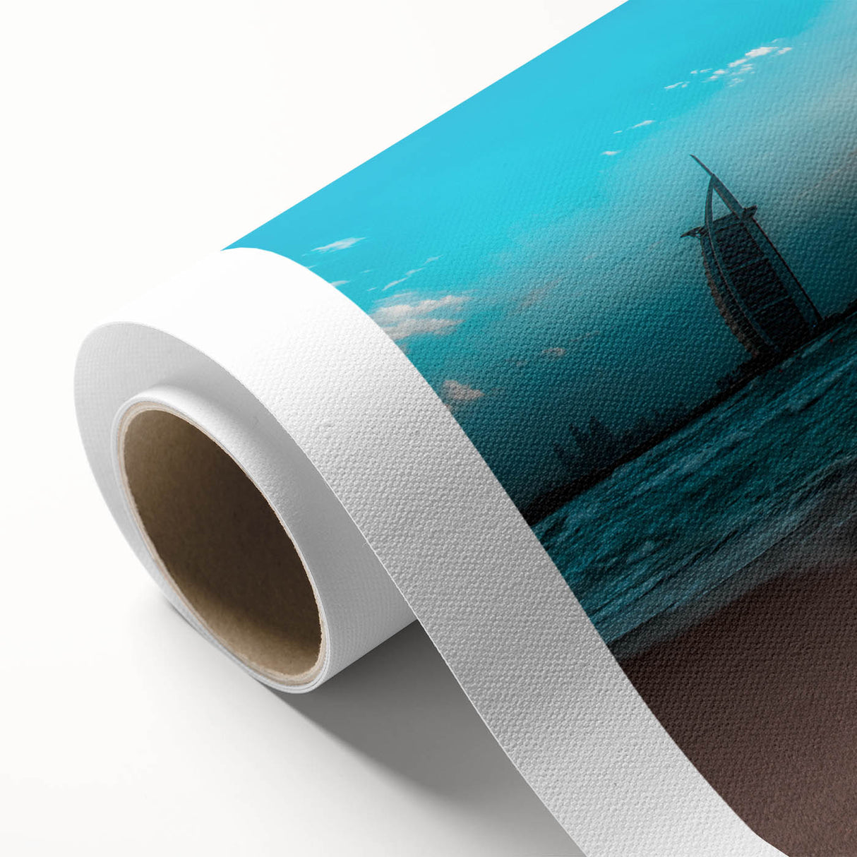 Art Deco poster of Abu Dhabi skyline in pastel shades, rolled canvas, ideal for nursery wall art.
