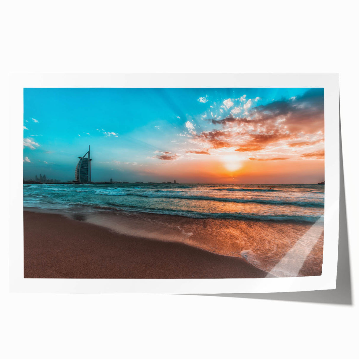 Extra large rolled print of Abu Dhabi skyline with floral accents in muted tones, ideal for art wall dining room.