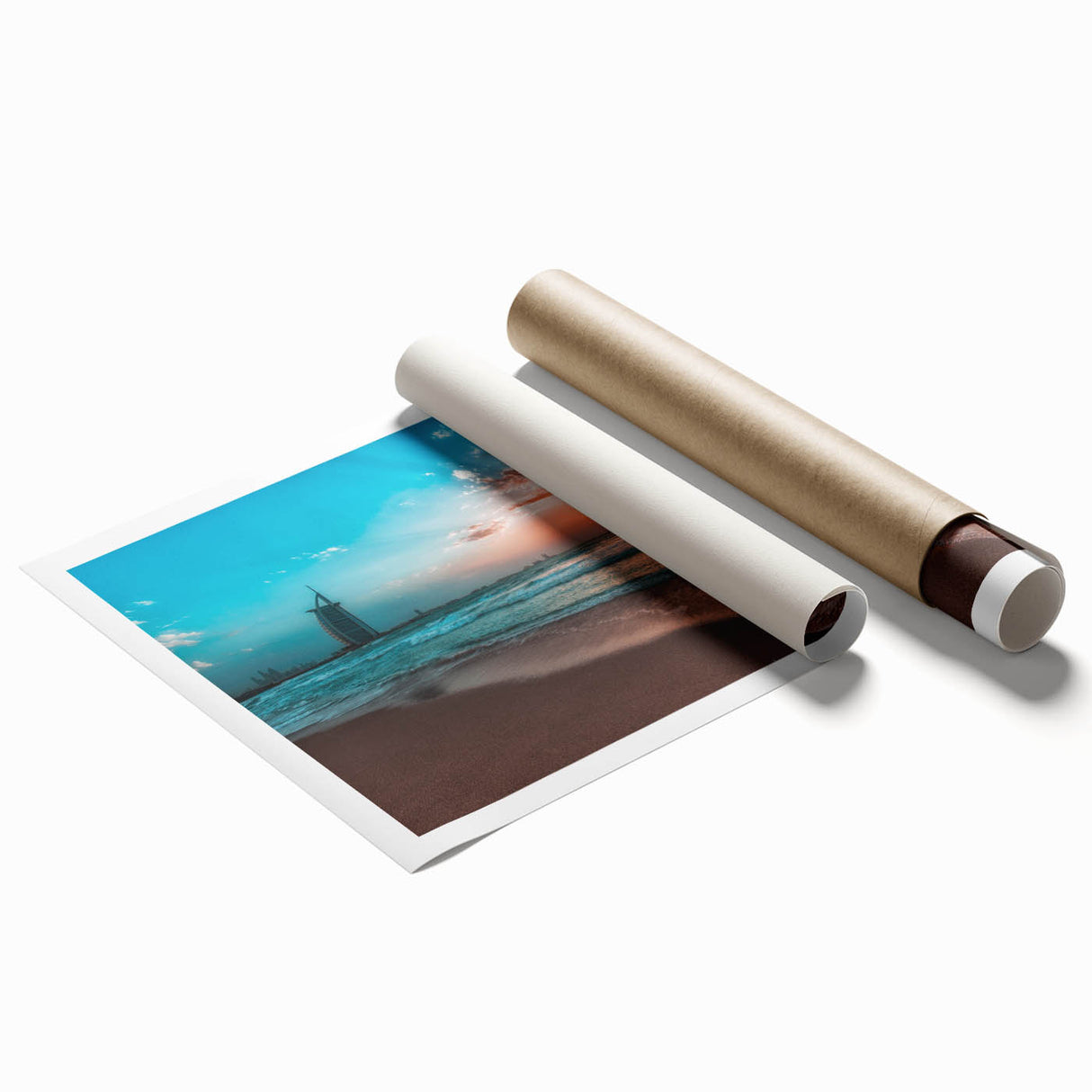 Rolled print of Abu Dhabi scenery with floral accents in soft pastel tones, suitable for large living room or bathroom walls.