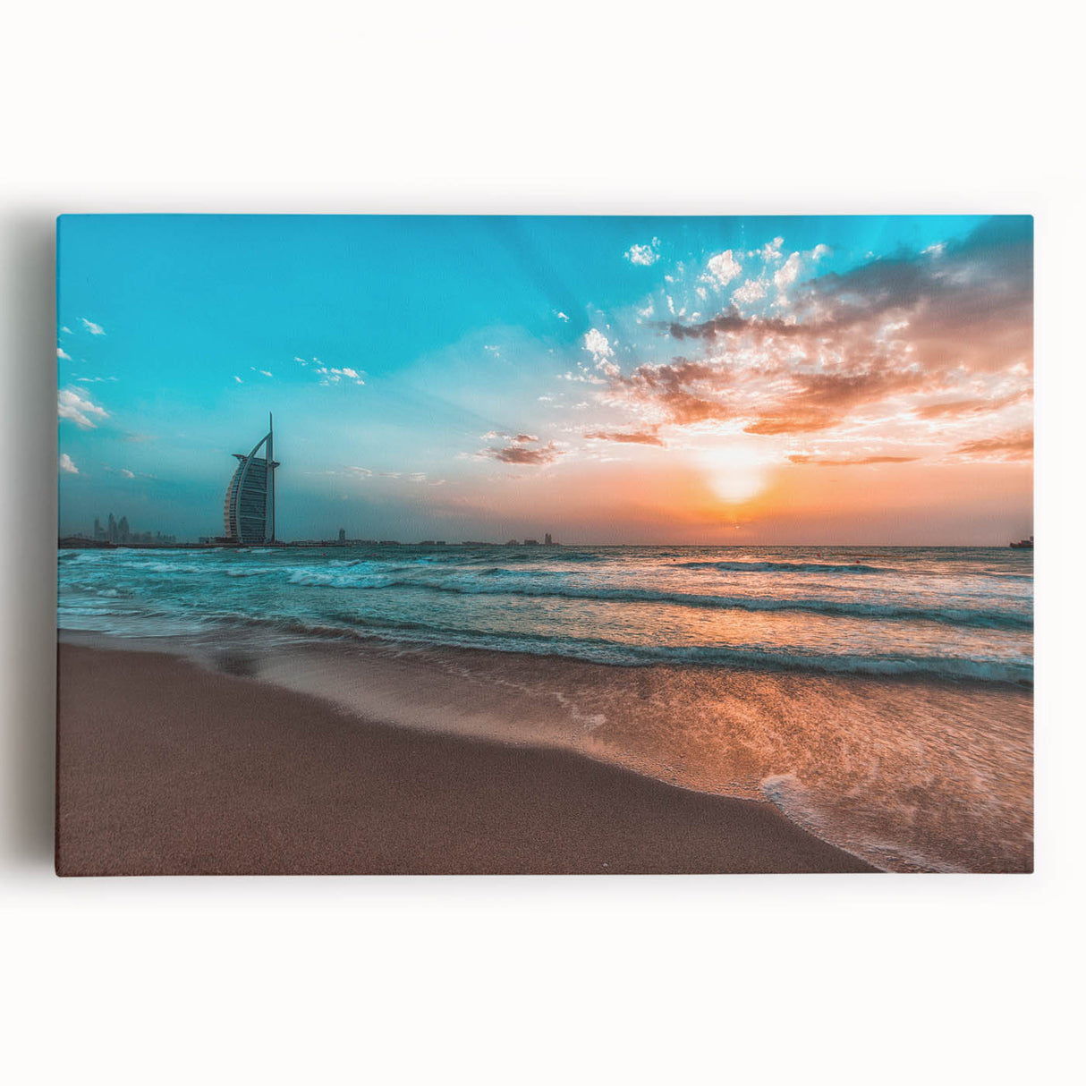 Black and white panoramic photo of Abu Dhabi skyline on stretched canvas, suitable for kitchen wall art.