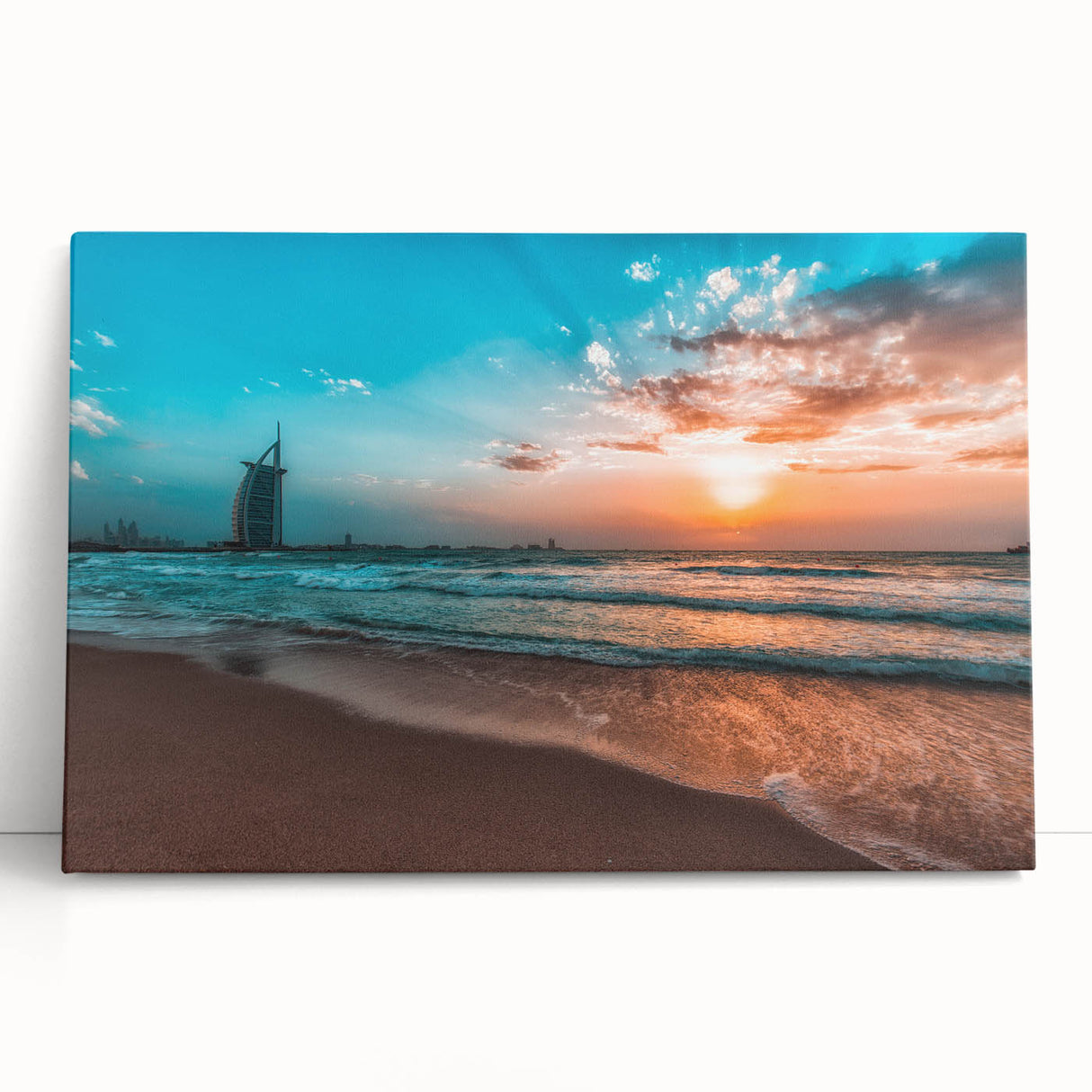 Black and white panoramic view of Abu Dhabi skyline on stretched canvas.