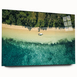 Large abstract wall art featuring a serene Oceania Fiji scenery in muted blue and green tones on acrylic glass.