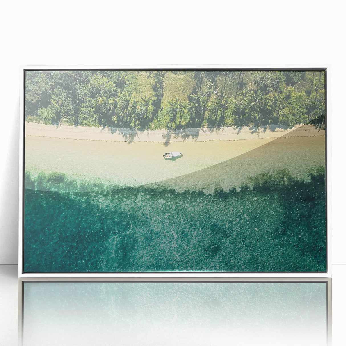 Art deco poster of a serene Fiji landscape in muted blue and green tones, framed acrylic.