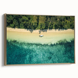 Framed canvas featuring a vintage-style landscape painting of Oceania, Fiji with muted gold and black tones.