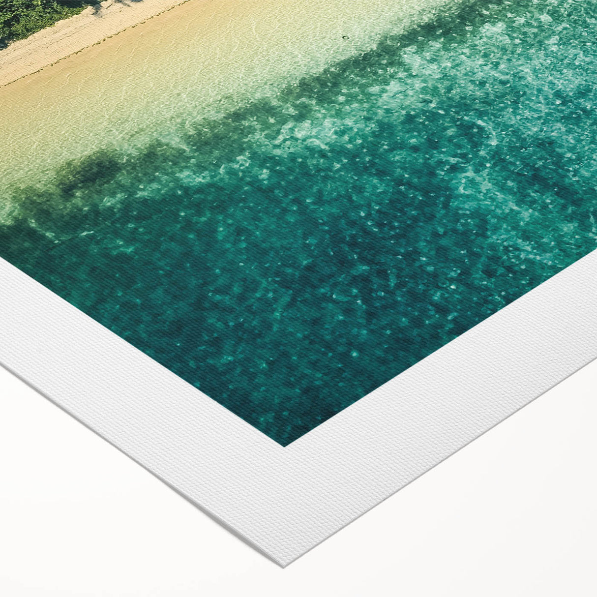 Art deco poster of a serene Fiji beachscape on rolled canvas, suitable for dining room wall art.