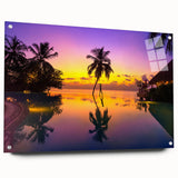 Acrylic print of a serene Bora Bora seascape with vivid blues and greens, ideal for bedroom or dining room decor.