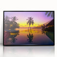 Large abstract wall art depicting the serene Bora Bora landscape in muted blue and green tones, framed in black acrylic.