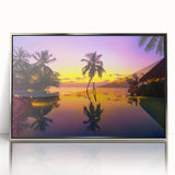 Mid-century modernist art depicting the Bora Bora landscape in cool blue tones, framed in silver acrylic.