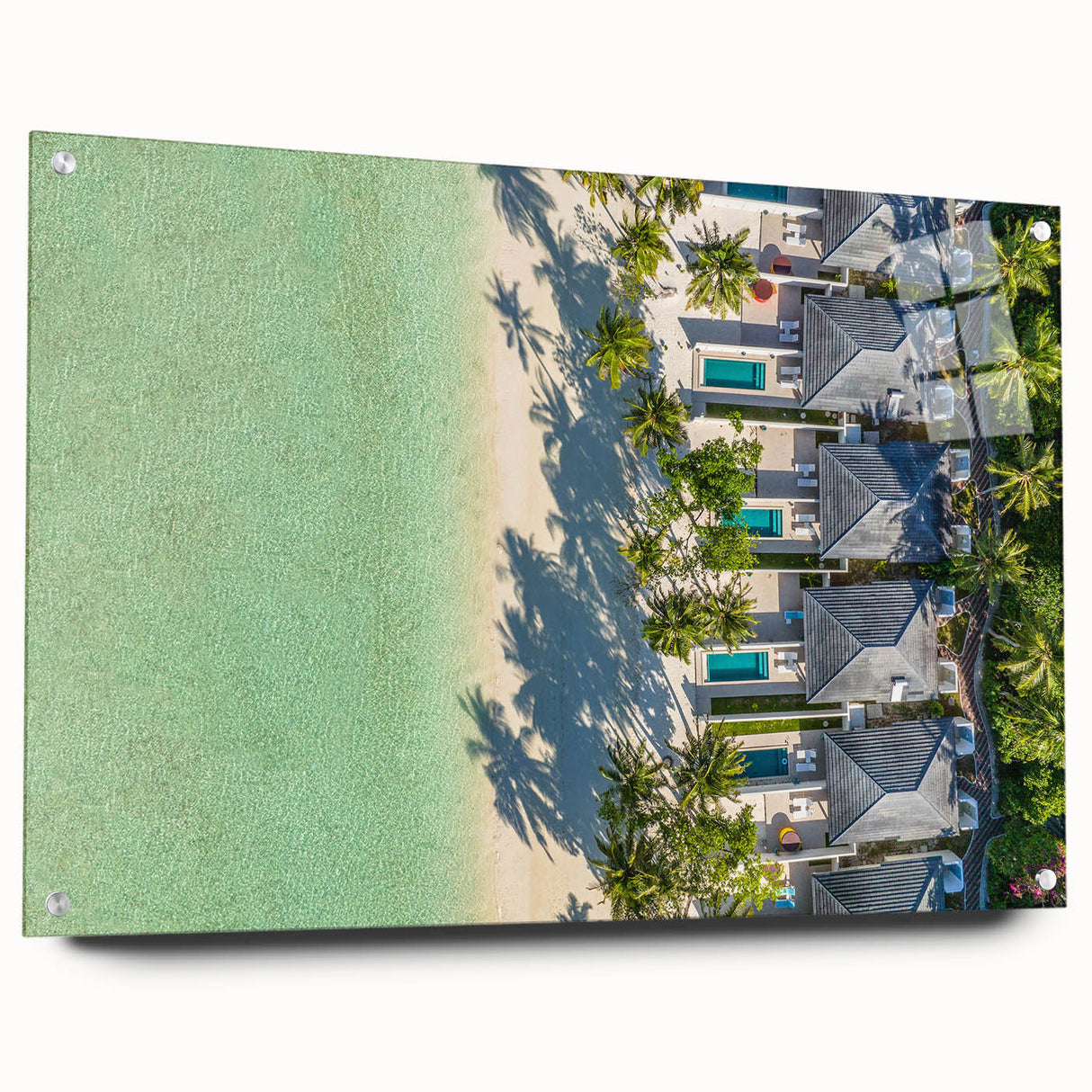 Acrylic print of a Tahitian landscape with vibrant blue and green tones, ideal for dining room or bedroom decor.