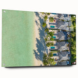 Acrylic print of a Tahitian landscape with vibrant blue and green tones, ideal for dining room or bedroom decor.