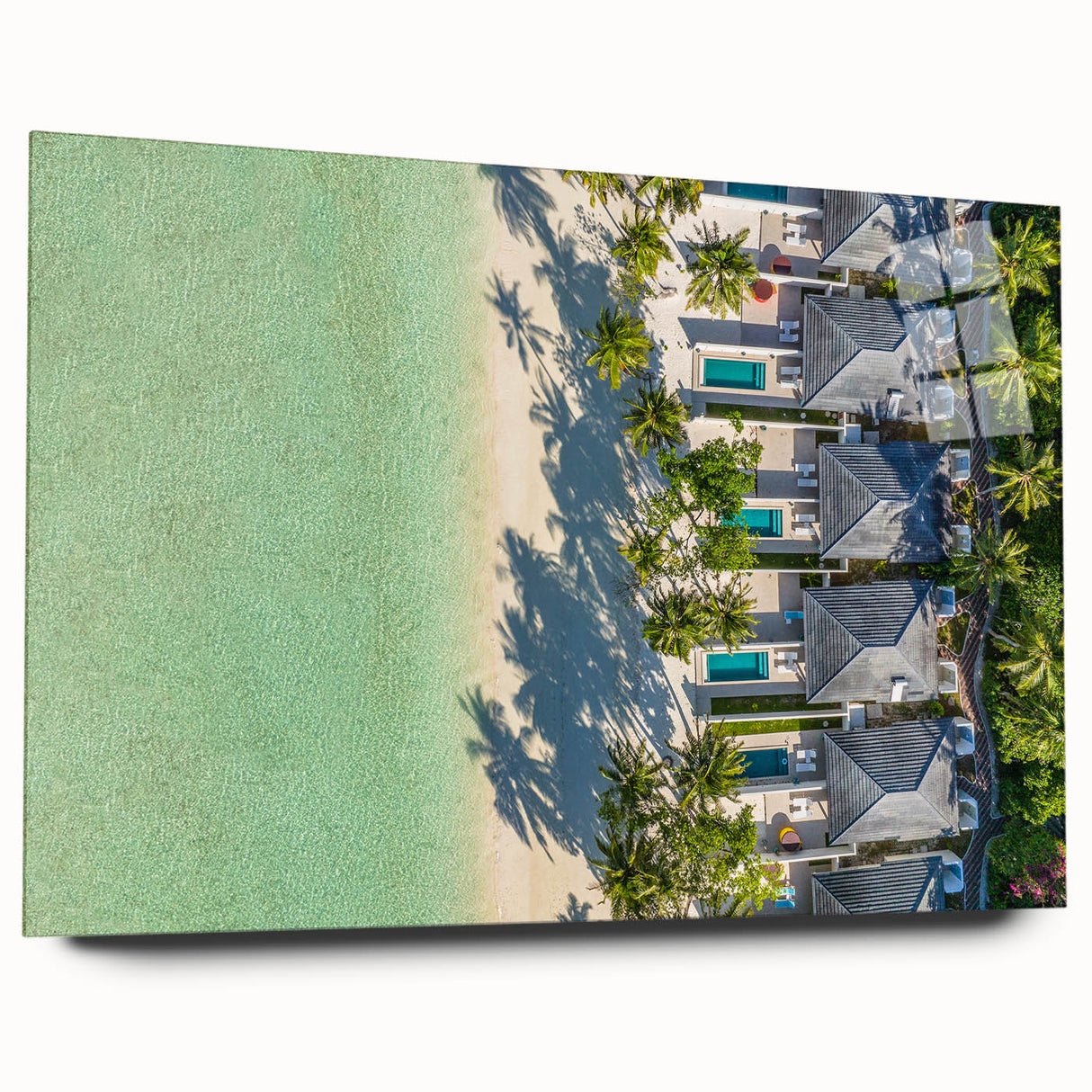 Acrylic print of a Tahitian landscape in vibrant blues and greens, ideal for bedroom or dining room art.