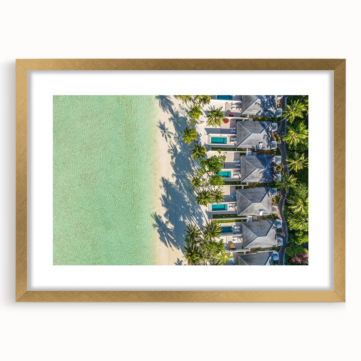 Extra large abstract art print depicting a serene Tahitian landscape in textured earth tones on a gold-framed canvas.
