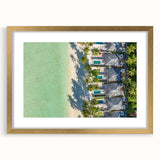 Extra large abstract art print depicting a serene Tahitian landscape in textured earth tones on a gold-framed canvas.