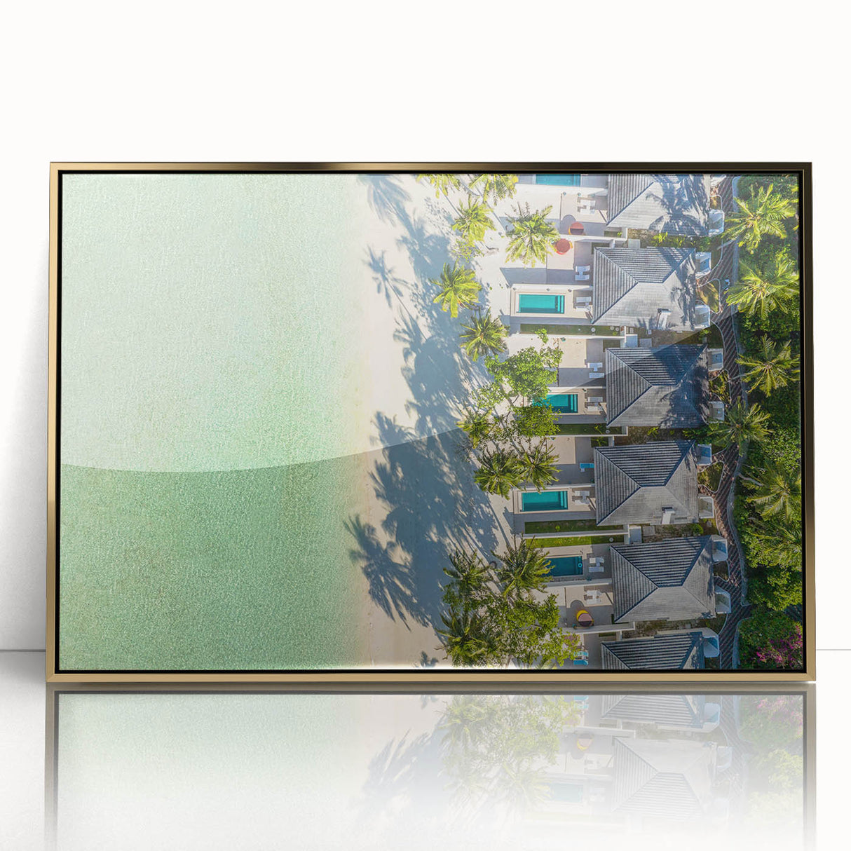 Large art print of a Tahitian landscape in vibrant greens and blues, framed in gold acrylic, ideal for modern art wall decor.
