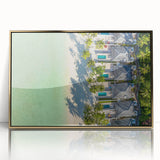 Large art print of a Tahitian landscape in vibrant greens and blues, framed in gold acrylic, ideal for modern art wall decor.