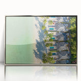 Mid-century modernist art of Tahitian scenery in silver-framed acrylic, featuring lush greens and ocean blues.